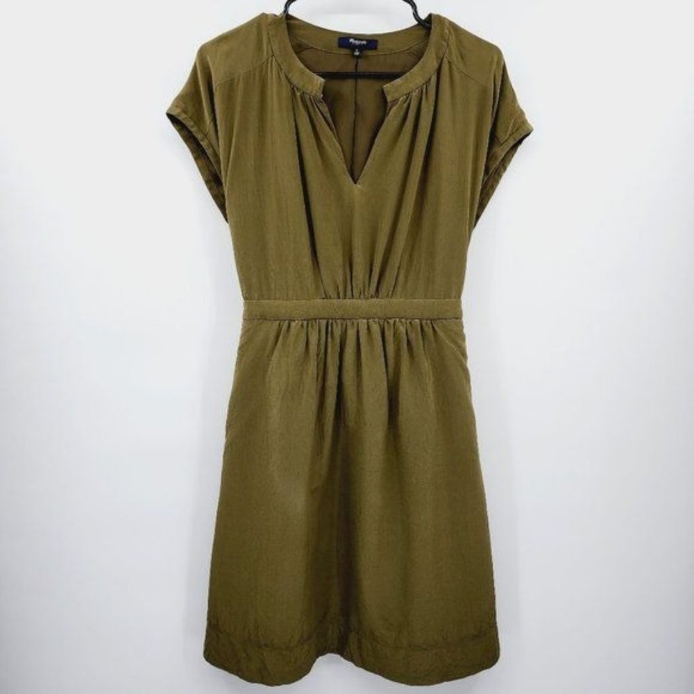 Madewell Olive Green 100% Silk Moonset Dress Cap Sleeve Gathered Waist Pockets 0